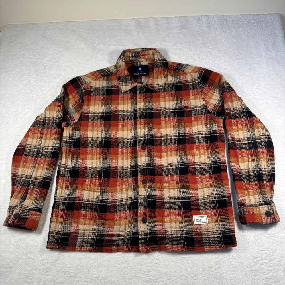 Ben Sherman Chore Jacket Mens L Orange Plaid Excellent Snap Front Cotton Flannel